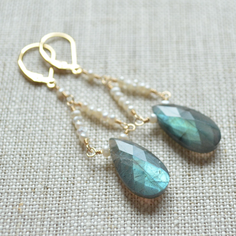 Labradorite Chandelier Earrings with Tiny Seed Freshwater Pearls