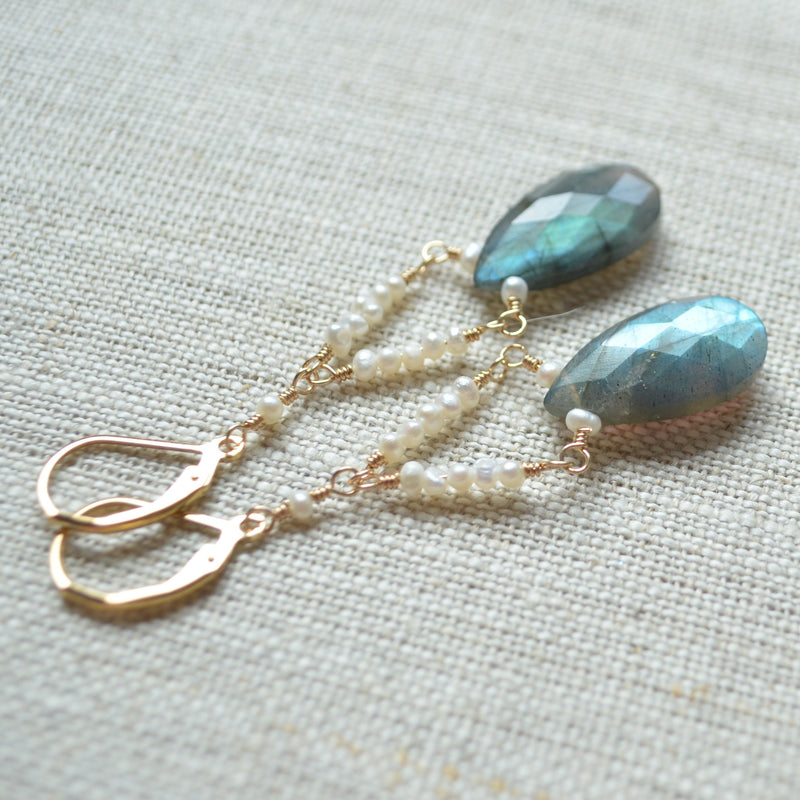 Labradorite Chandelier Earrings with Tiny Seed Freshwater Pearls