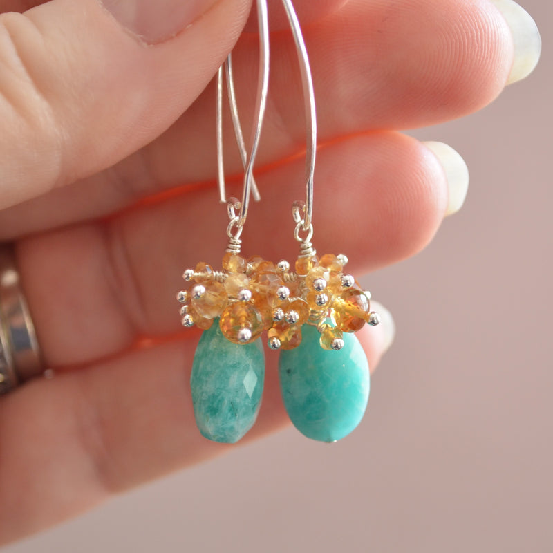 Citrine Cluster Earrings with Amazonite Ovals