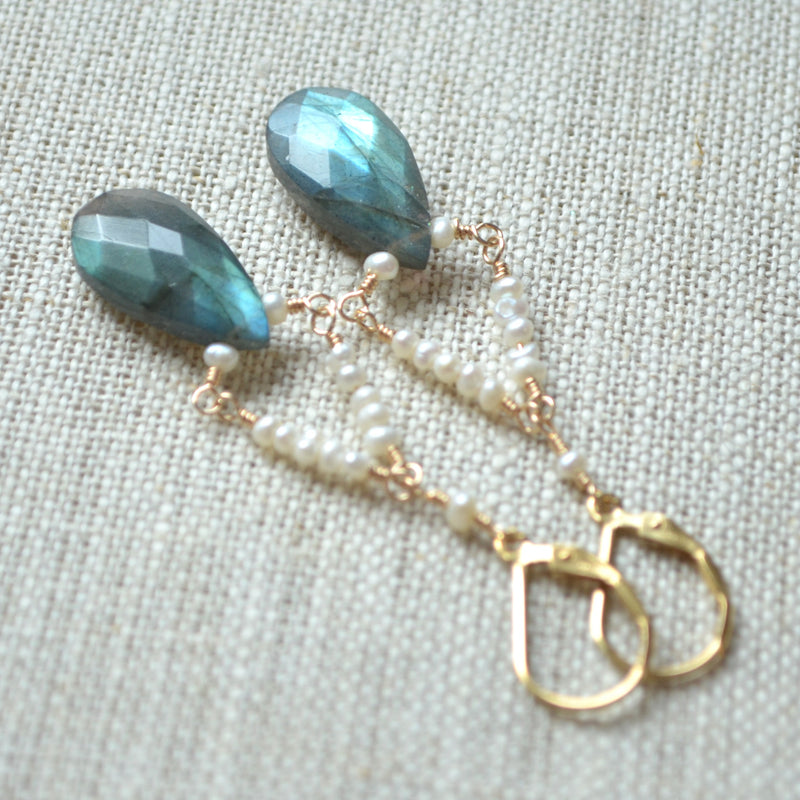 Labradorite Chandelier Earrings with Tiny Seed Freshwater Pearls