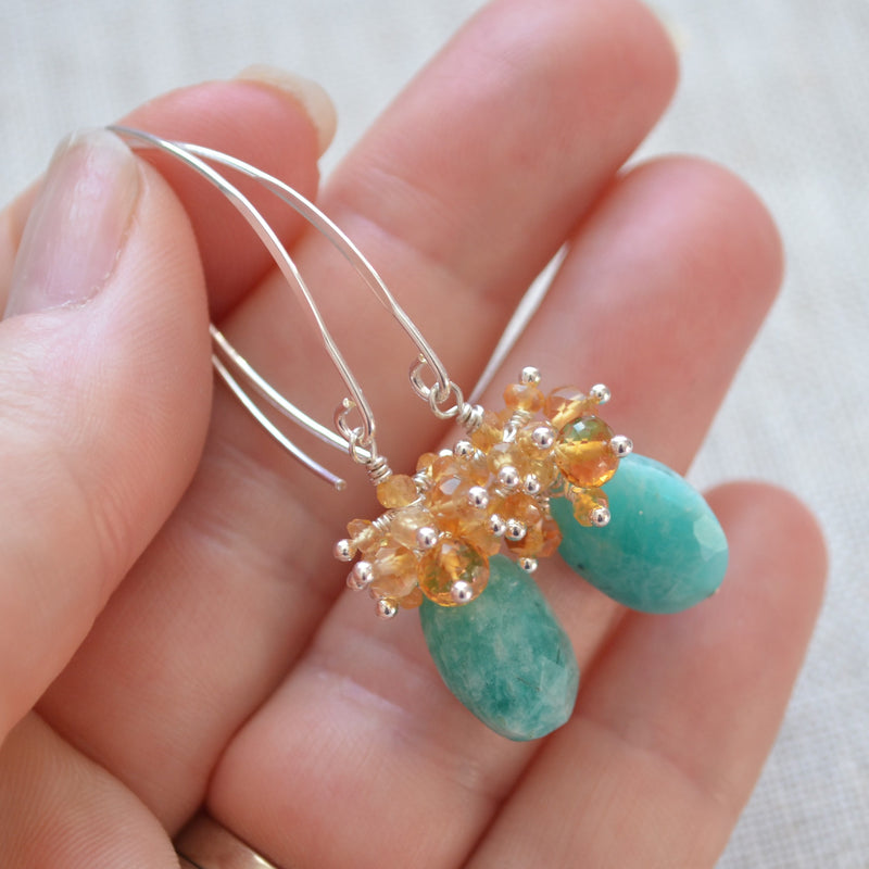 Citrine Cluster Earrings with Amazonite Ovals