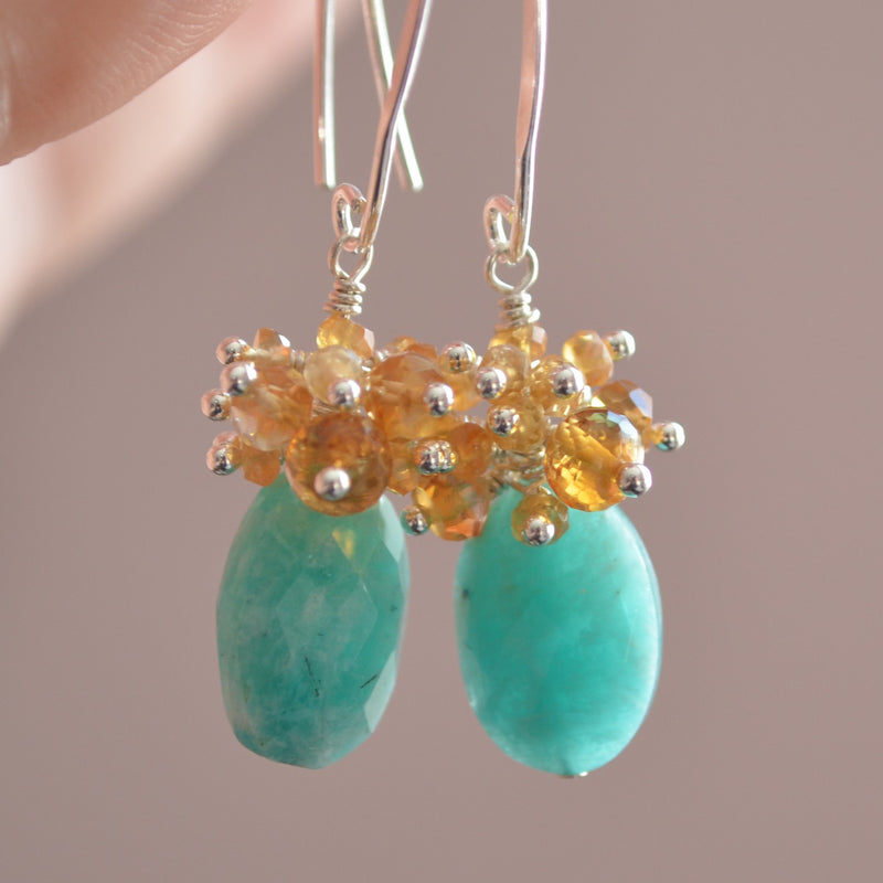 Citrine Cluster Earrings with Amazonite Ovals