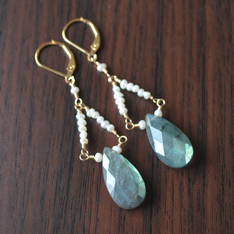 Labradorite Chandelier Earrings with Tiny Seed Freshwater Pearls