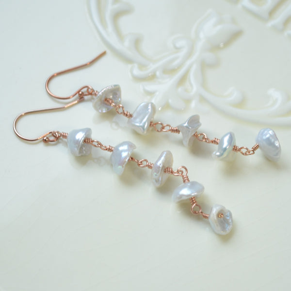 Long White Keishi Pearl Earrings in Rose Gold