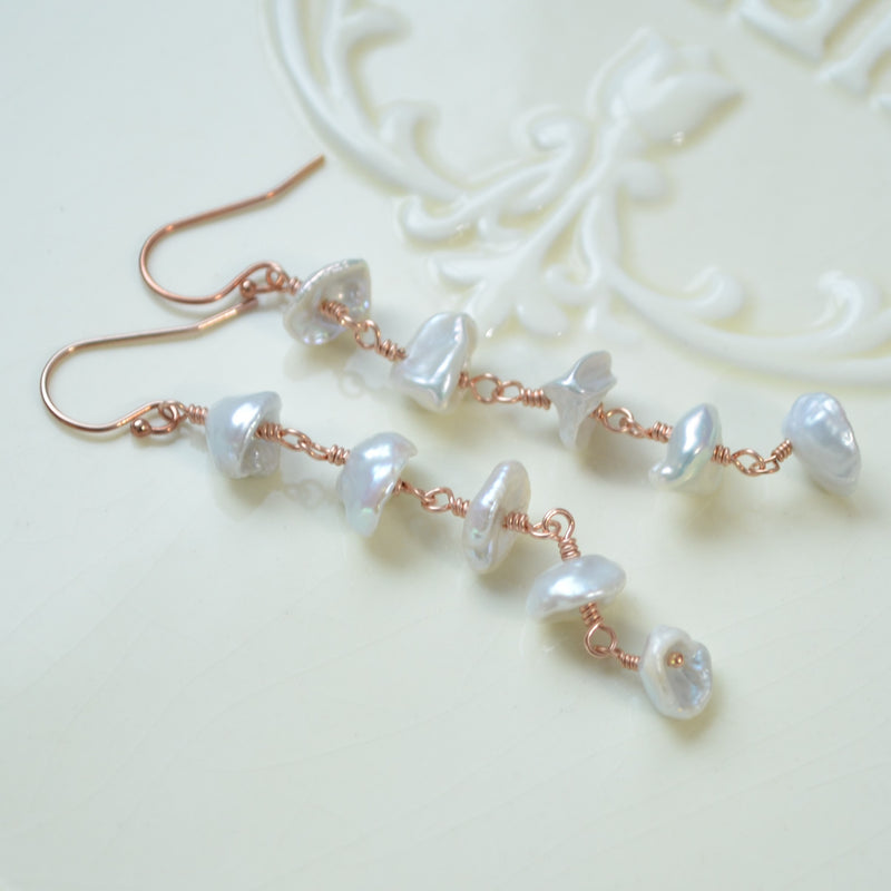 Long White Keishi Pearl Earrings in Rose Gold