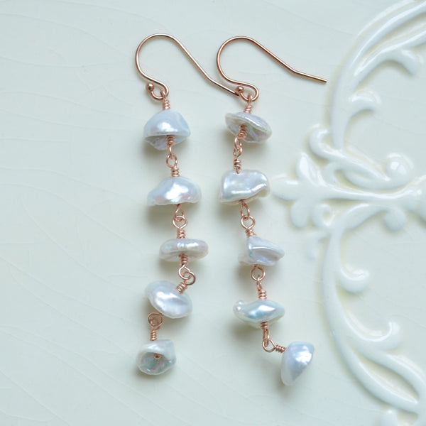 Long White Keishi Pearl Earrings in Rose Gold