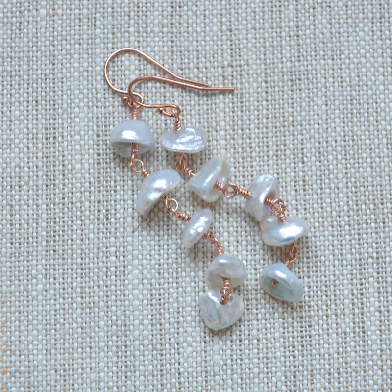 Long White Keishi Pearl Earrings in Rose Gold