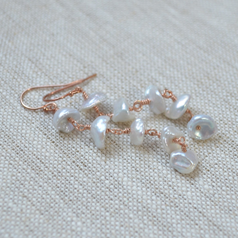 Long White Keishi Pearl Earrings in Rose Gold