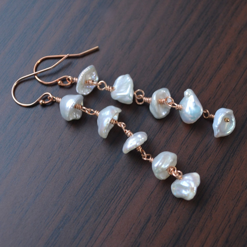 Long White Keishi Pearl Earrings in Rose Gold