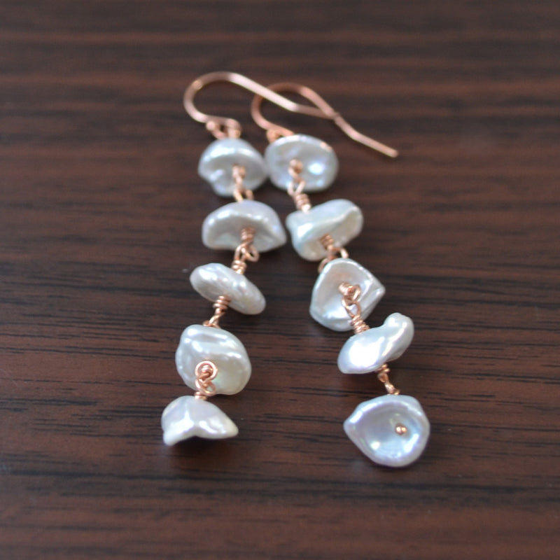 Long White Keishi Pearl Earrings in Rose Gold