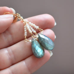 Labradorite Chandelier Earrings with Tiny Seed Freshwater Pearls