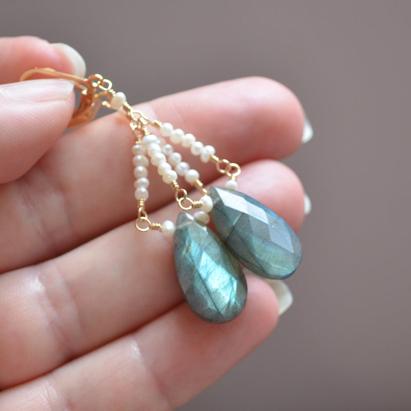 Labradorite Chandelier Earrings with Tiny Seed Freshwater Pearls