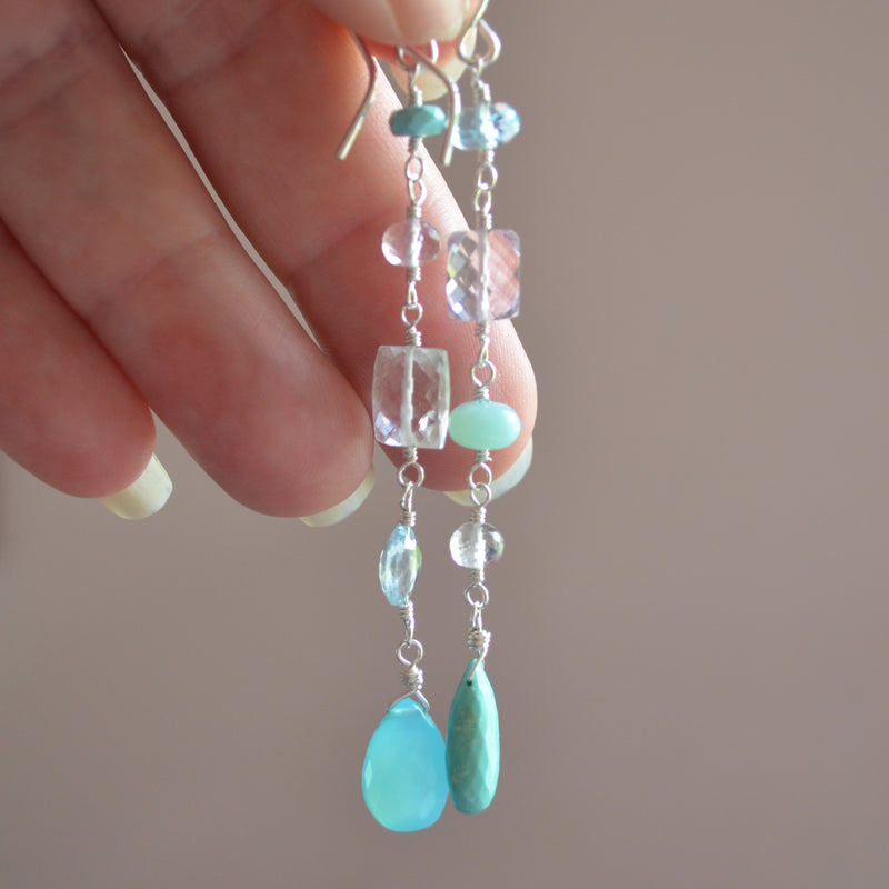 Long Mismatched Earrings with Turquoise and Pink Amethyst