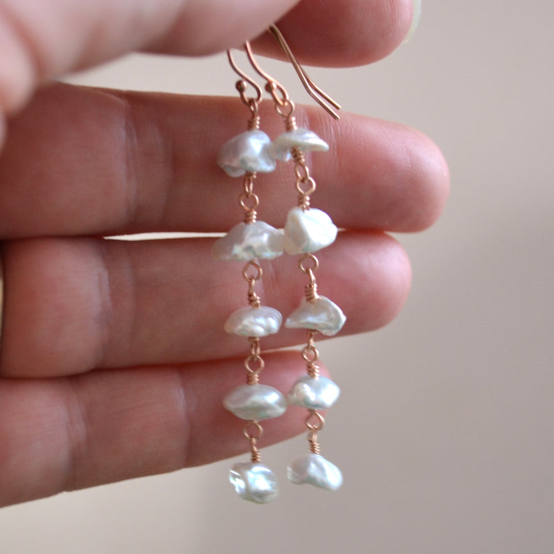 Long White Keishi Pearl Earrings in Rose Gold