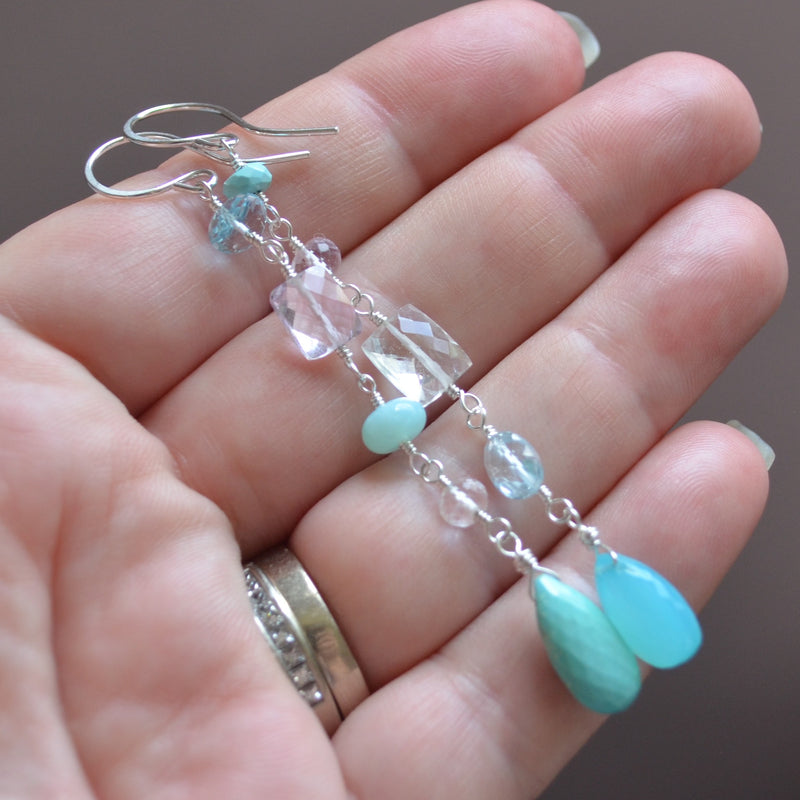 Long Mismatched Earrings with Turquoise and Pink Amethyst