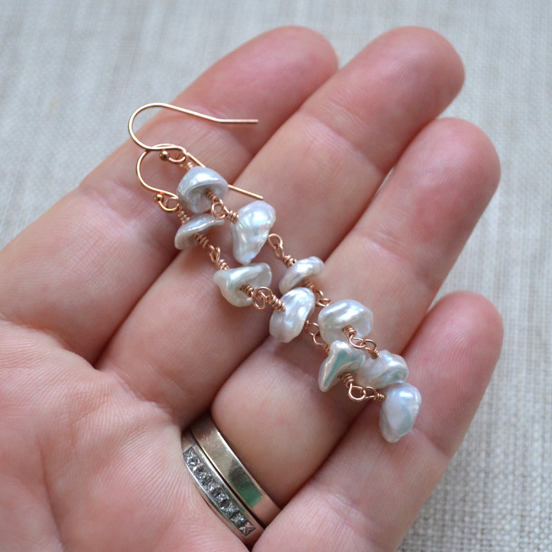 Long White Keishi Pearl Earrings in Rose Gold