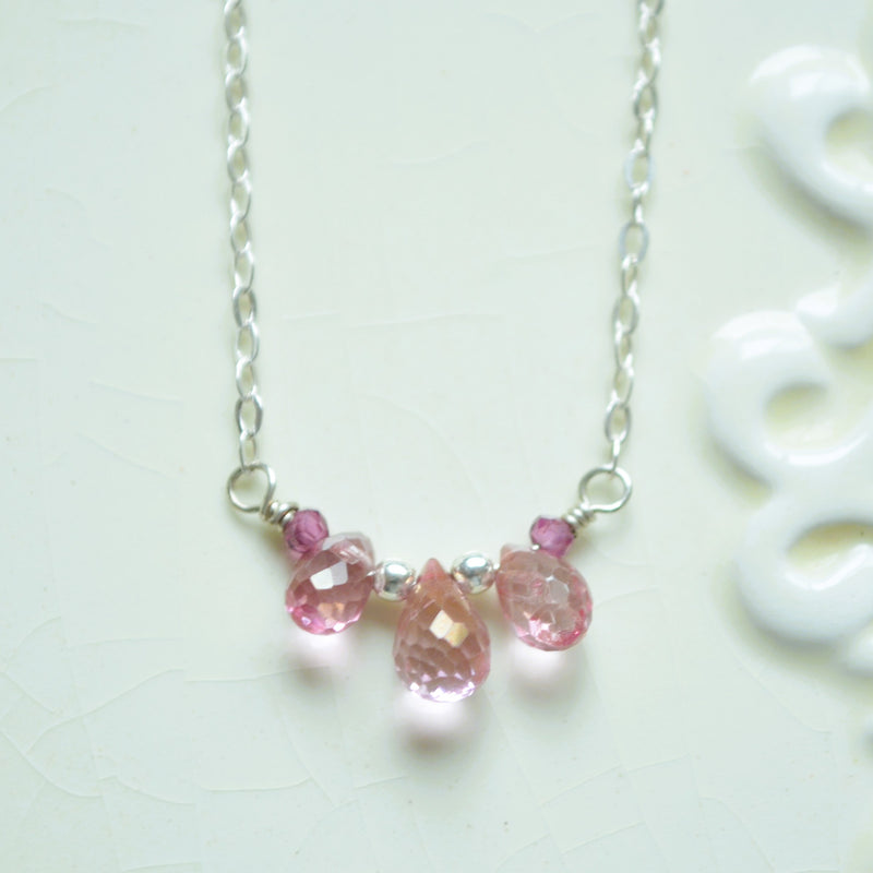 Dainty Pink Topaz Necklace in Silver