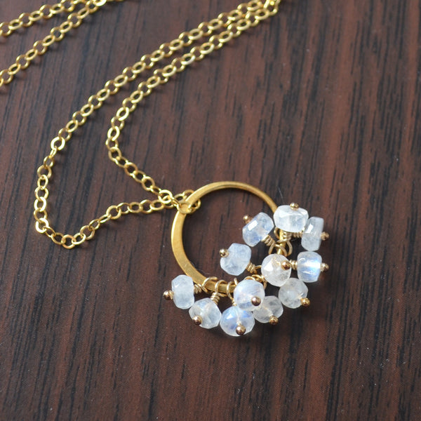 Rainbow Moonstone Cluster Necklace in Gold