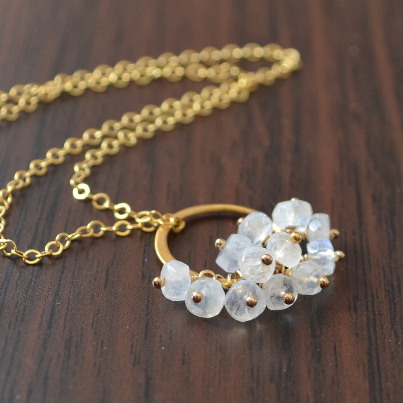 Rainbow Moonstone Cluster Necklace in Gold