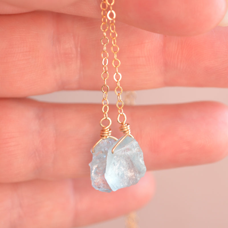 Raw Aquamarine Lariat Necklace in Gold or Silver