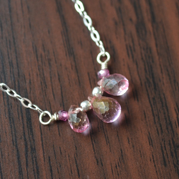 Dainty Pink Topaz Necklace in Silver