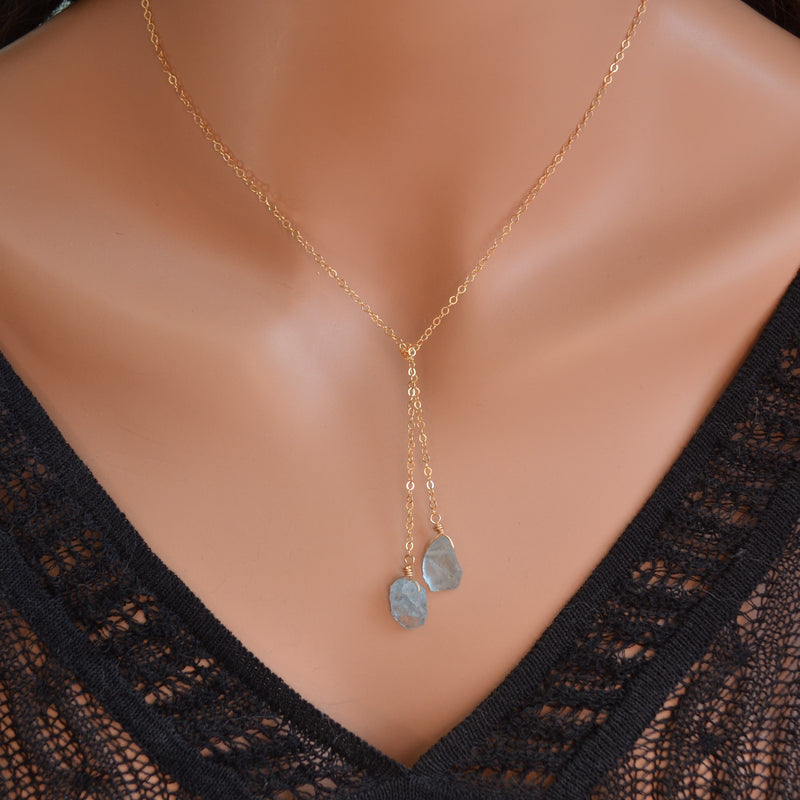 Raw Aquamarine Lariat Necklace in Gold or Silver
