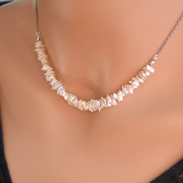 White Keshi Pearl Necklace in Mixed Metals