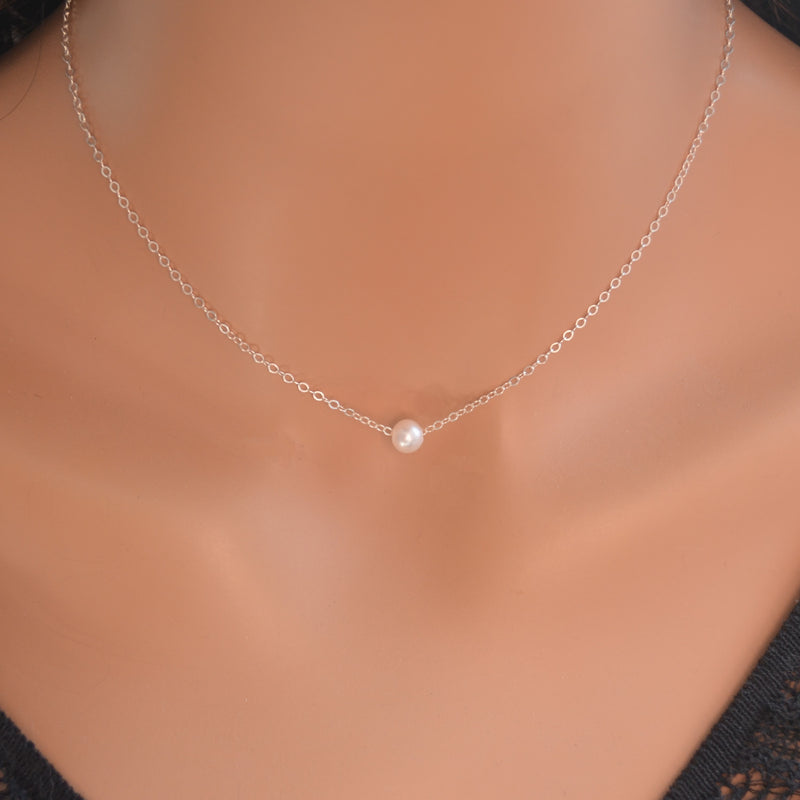 Dainty Floating Pearl Choker Necklace in Sterling Silver