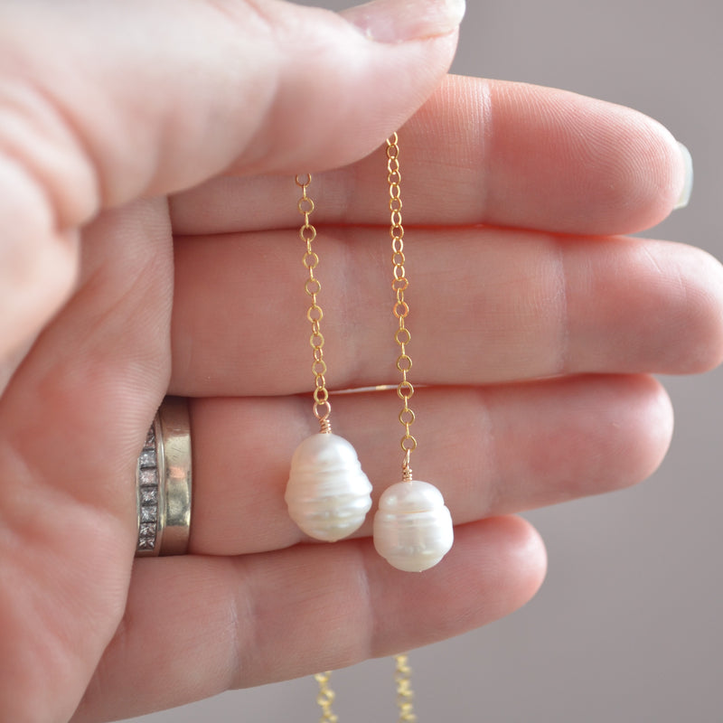 White Pearl Lariat Necklace in Gold