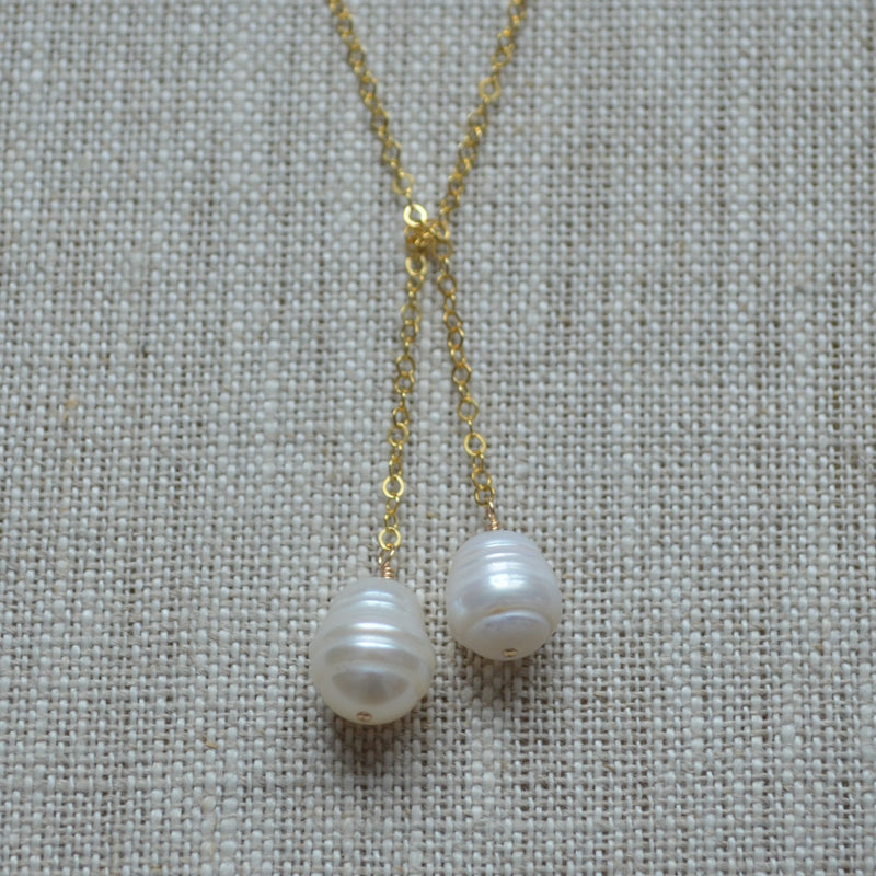 White Pearl Lariat Necklace in Gold