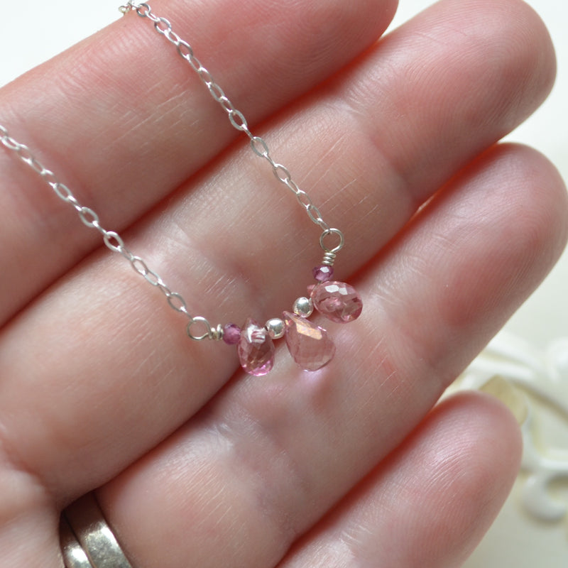 Dainty Pink Topaz Necklace in Silver