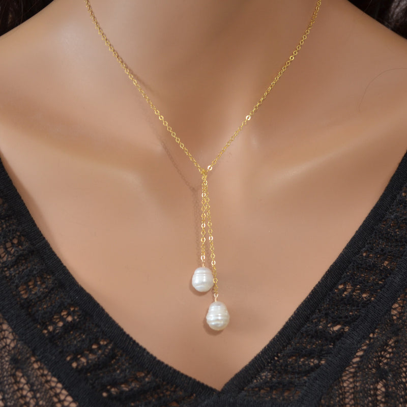 White Pearl Lariat Necklace in Gold