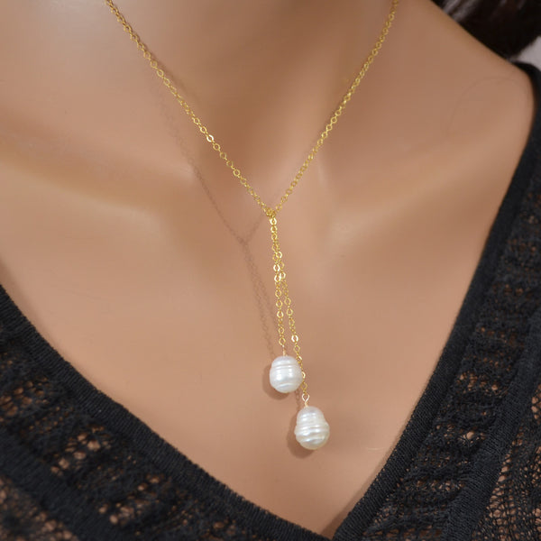 White Pearl Lariat Necklace in Gold