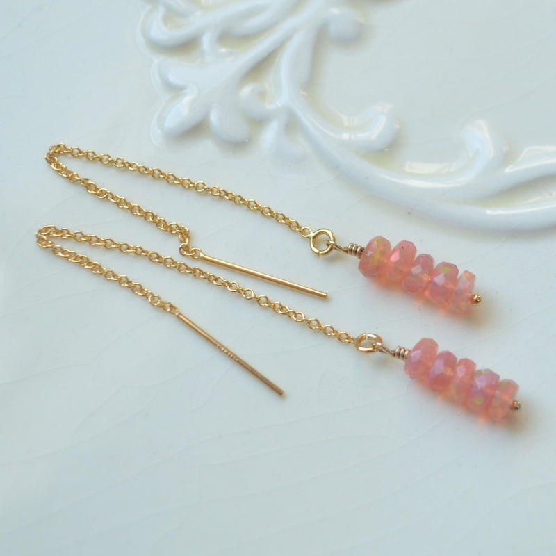 Pink Ethiopian Opal Earrings in Gold with Faceted Stones