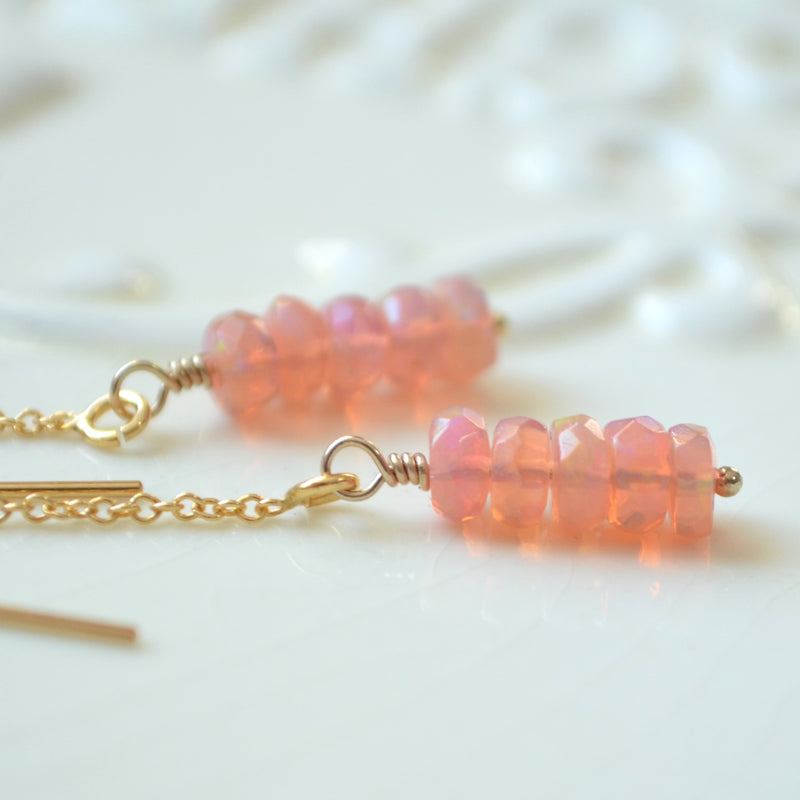 Pink Ethiopian Opal Earrings in Gold with Faceted Stones