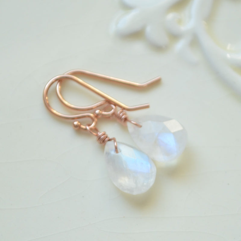 Dainty Rainbow Moonstone Earrings in Rose Gold