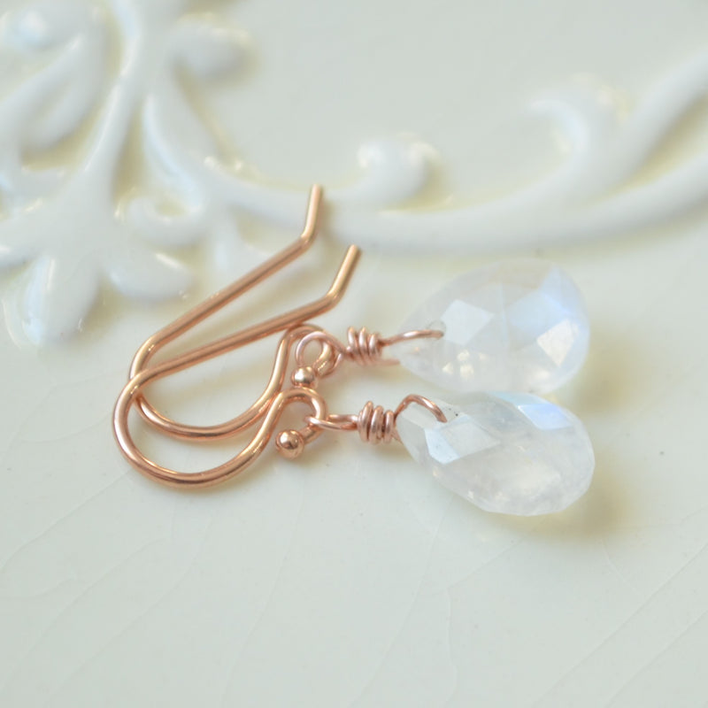 Dainty Rainbow Moonstone Earrings in Rose Gold