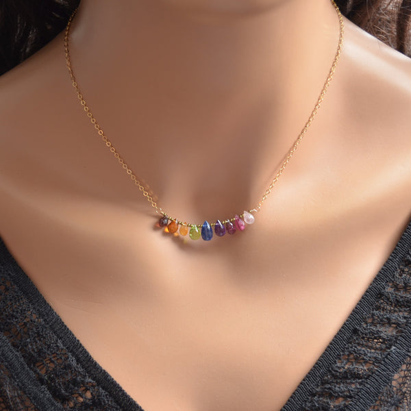 Rainbow Gemstone Necklace in Gold with Teardrop Stones