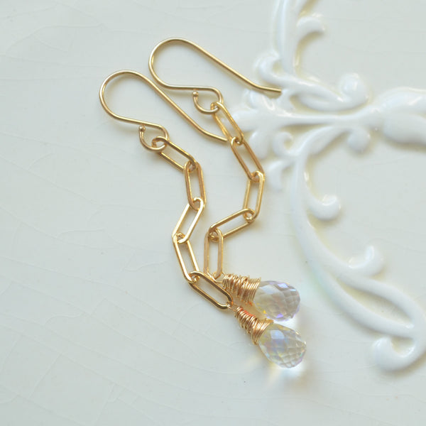 Rainbow Quartz Earrings with Gold Paperclip Chain