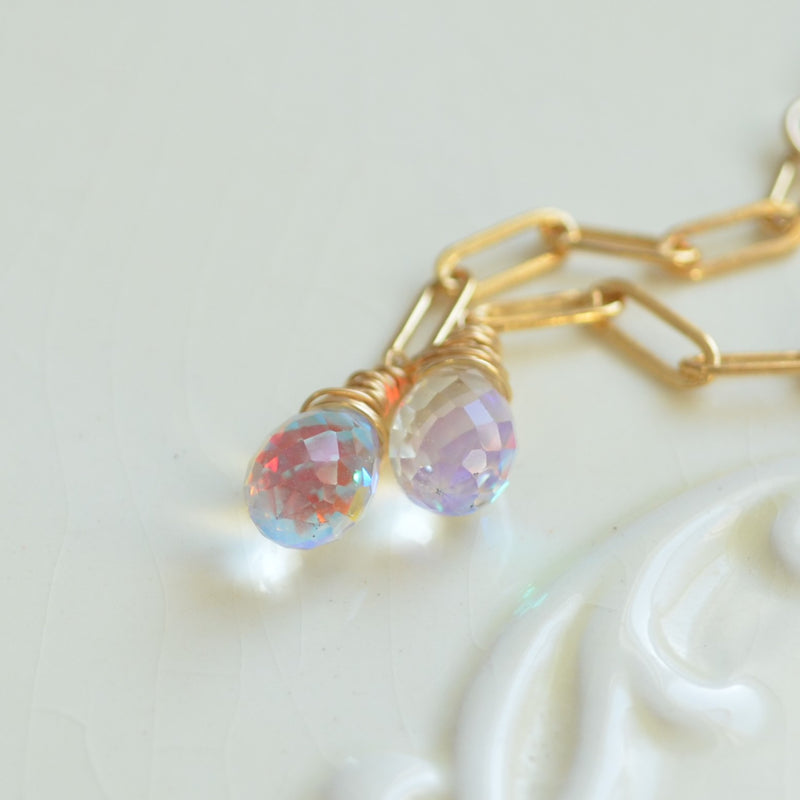 Rainbow Quartz Earrings with Gold Paperclip Chain