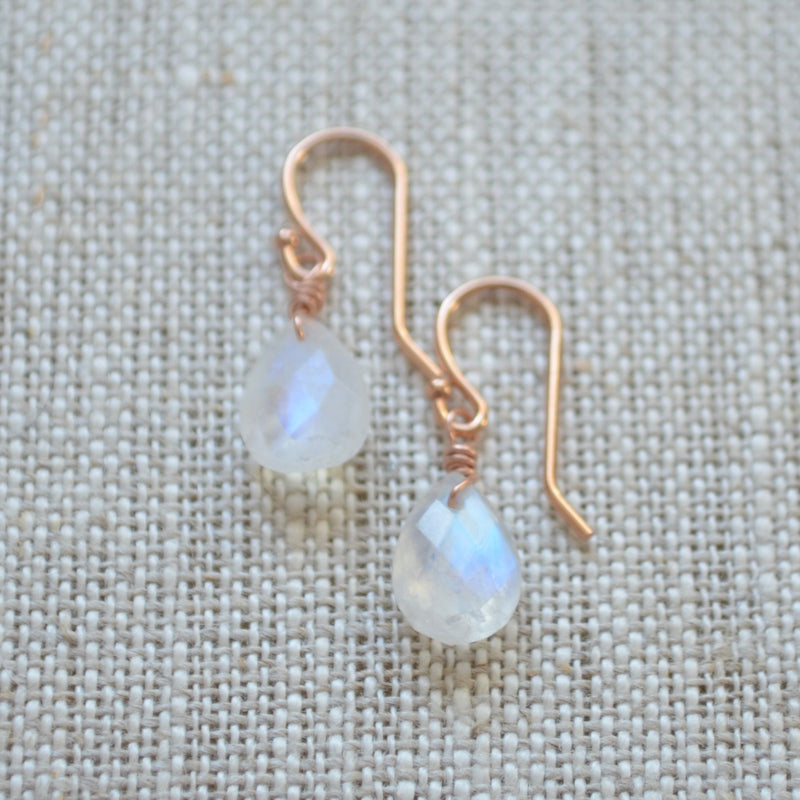 Dainty Rainbow Moonstone Earrings in Rose Gold