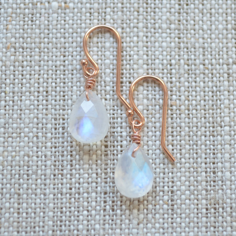 Dainty Rainbow Moonstone Earrings in Rose Gold