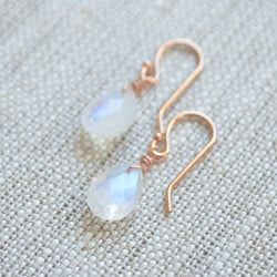 Dainty Rainbow Moonstone Earrings in Rose Gold