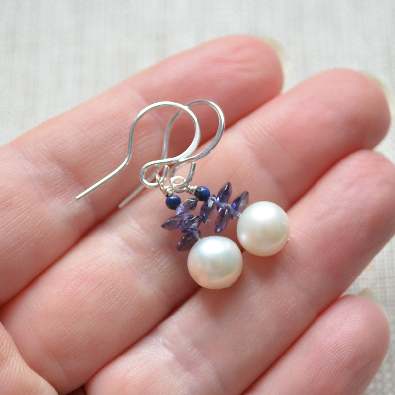 White Pearl Earrings with Iolite