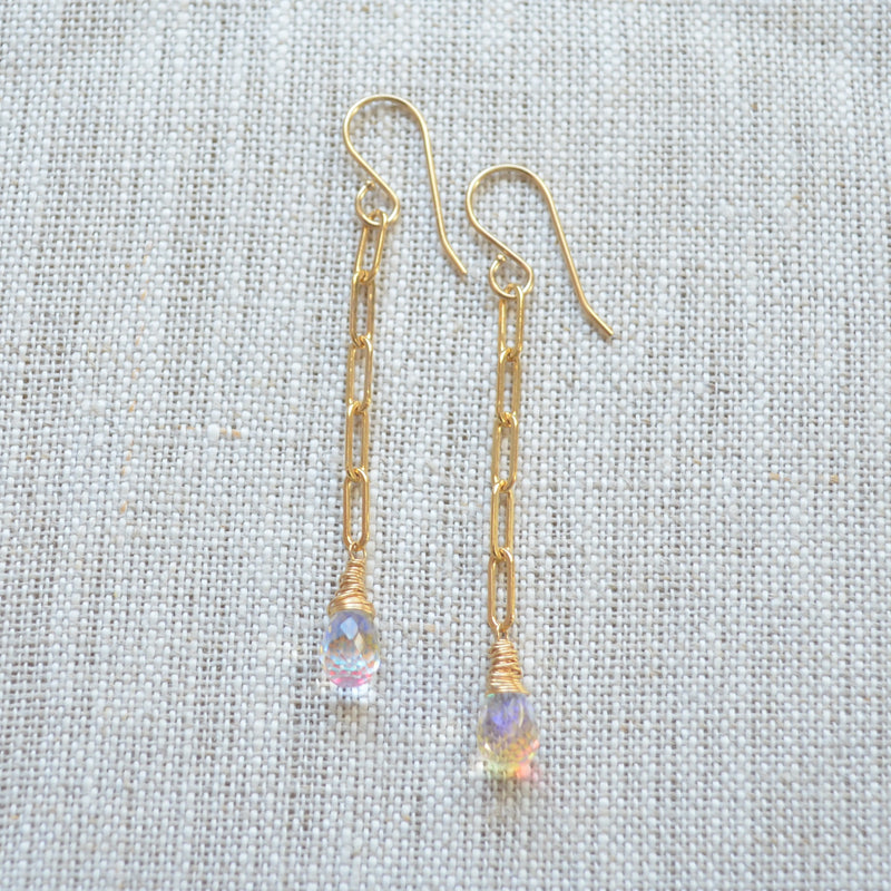 Rainbow Quartz Earrings with Gold Paperclip Chain