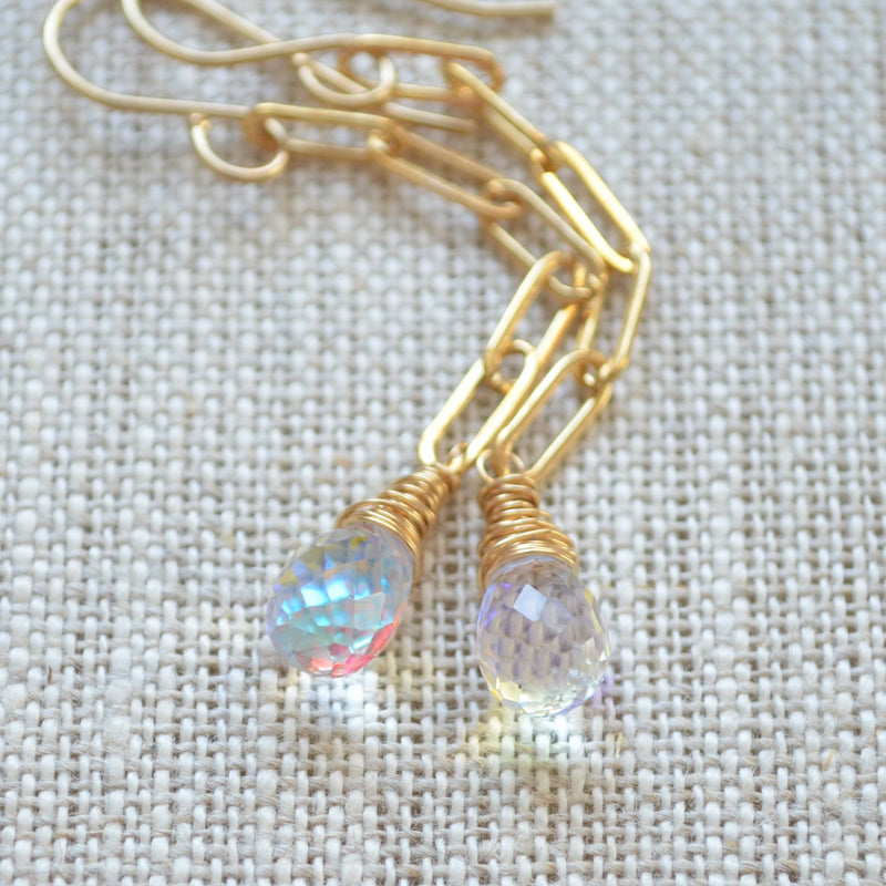 Rainbow Quartz Earrings with Gold Paperclip Chain