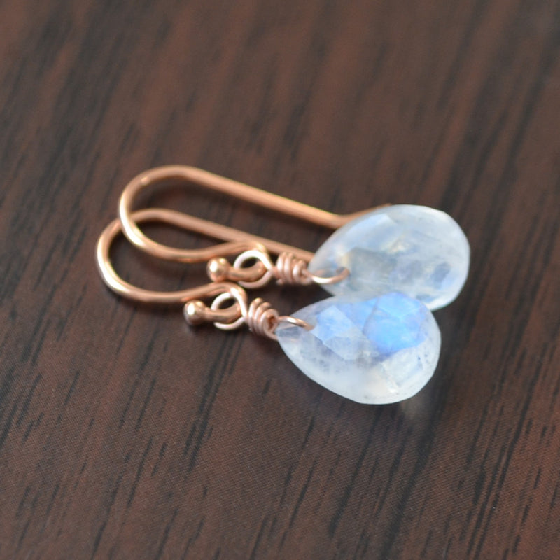 Dainty Rainbow Moonstone Earrings in Rose Gold