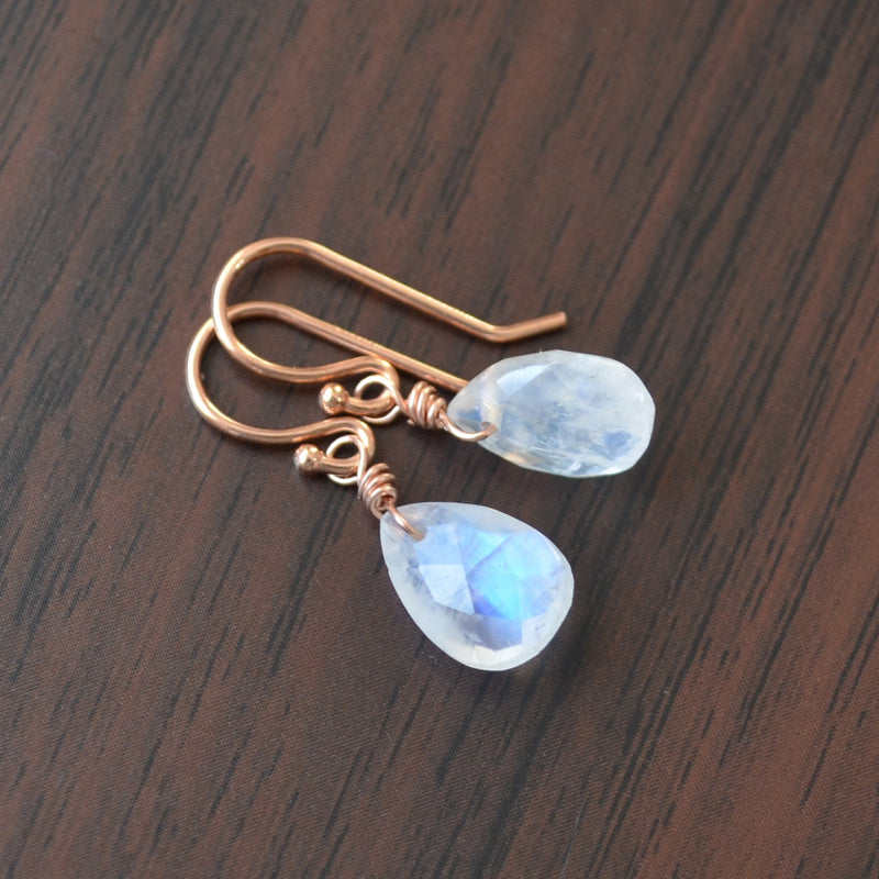 Dainty Rainbow Moonstone Earrings in Rose Gold