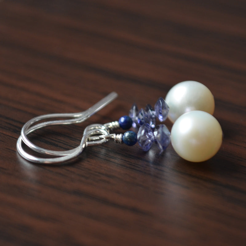 White Pearl Earrings with Iolite