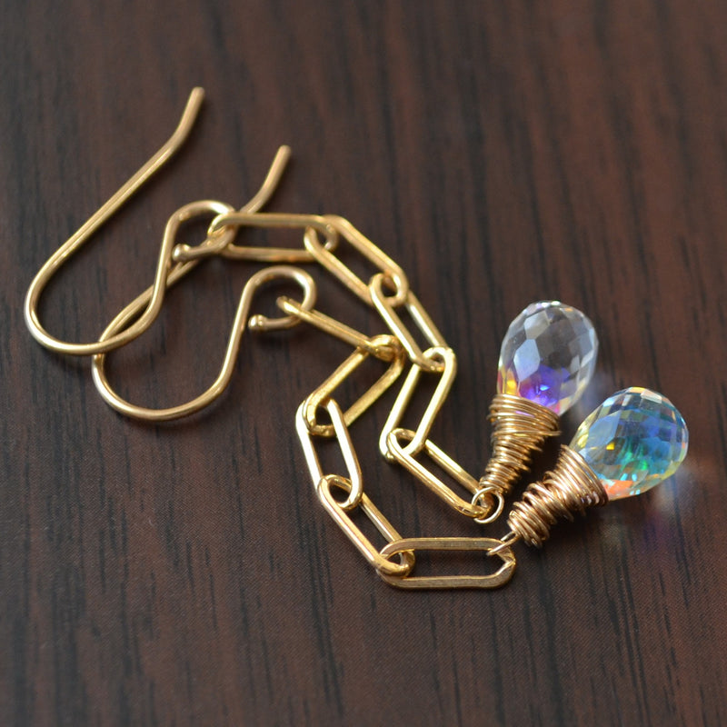 Rainbow Quartz Earrings with Gold Paperclip Chain